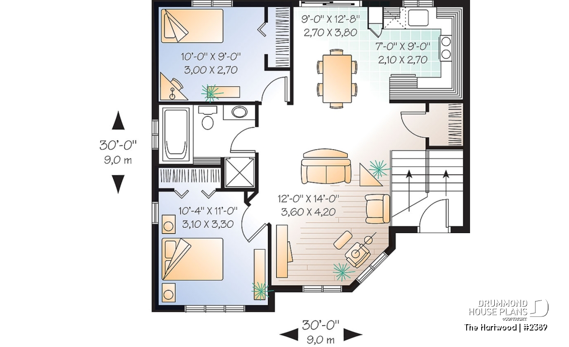 1st level - Split-level house plan with 2 bedrooms, open floor plan and low building cost.  Ideal first home - The Hartwood