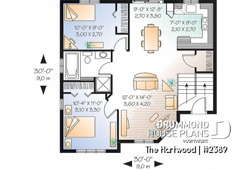 1st level - Split-level house plan with 2 bedrooms, open floor plan and low building cost.  Ideal first home - The Hartwood