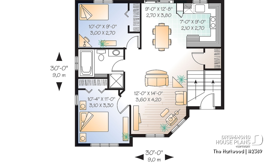 1st level - Split-level house plan with 2 bedrooms, open floor plan and low building cost.  Ideal first home - The Hartwood
