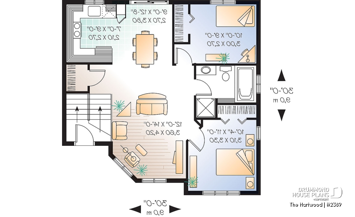 1st level - Split-level house plan with 2 bedrooms, open floor plan and low building cost.  Ideal first home - The Hartwood