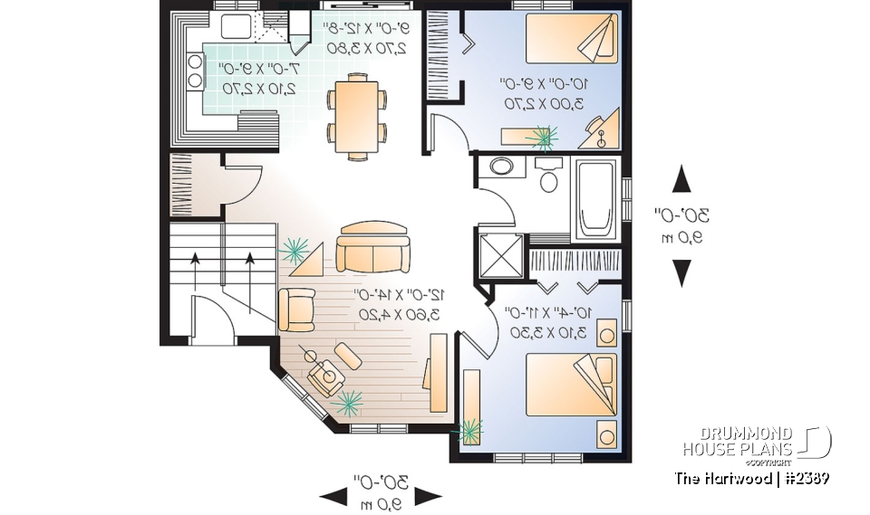 1st level - Split-level house plan with 2 bedrooms, open floor plan and low building cost.  Ideal first home - The Hartwood
