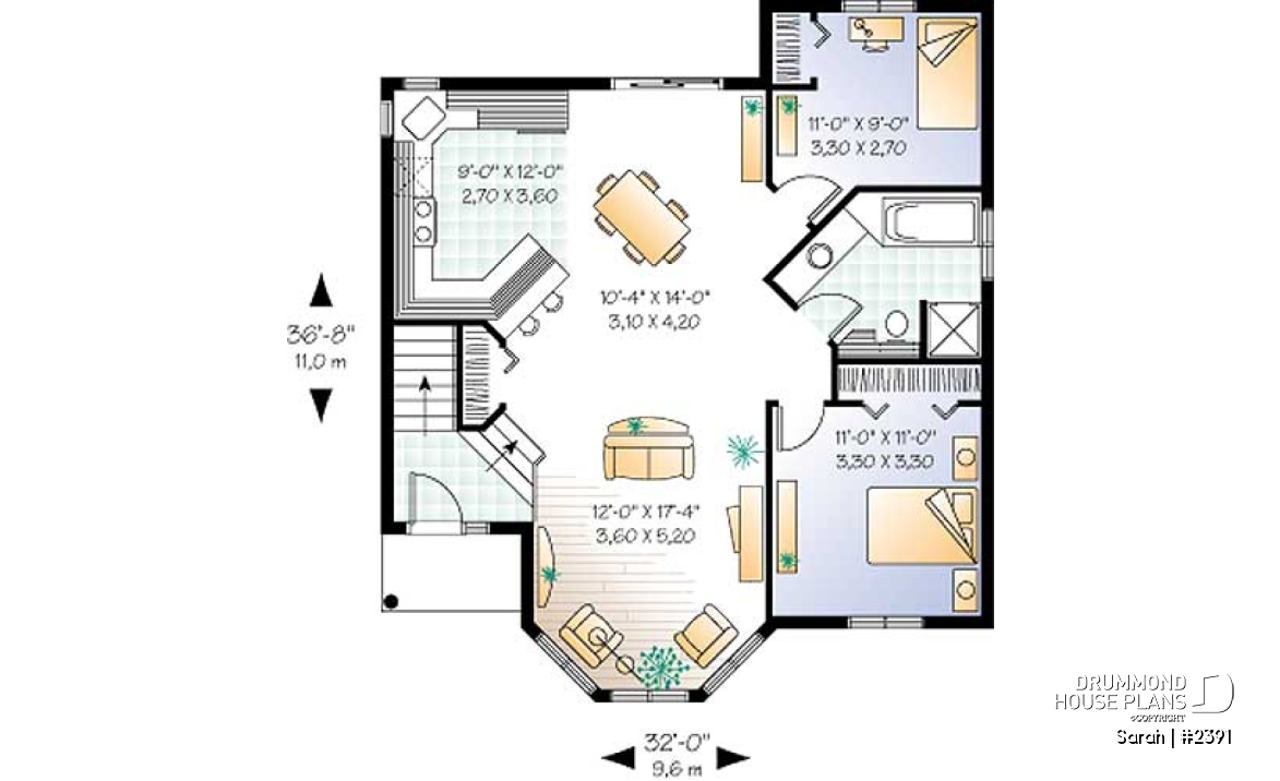 1st level - Split entry one-storey house plan with 2 bedrooms, country style, budget-friendly home - Sarah