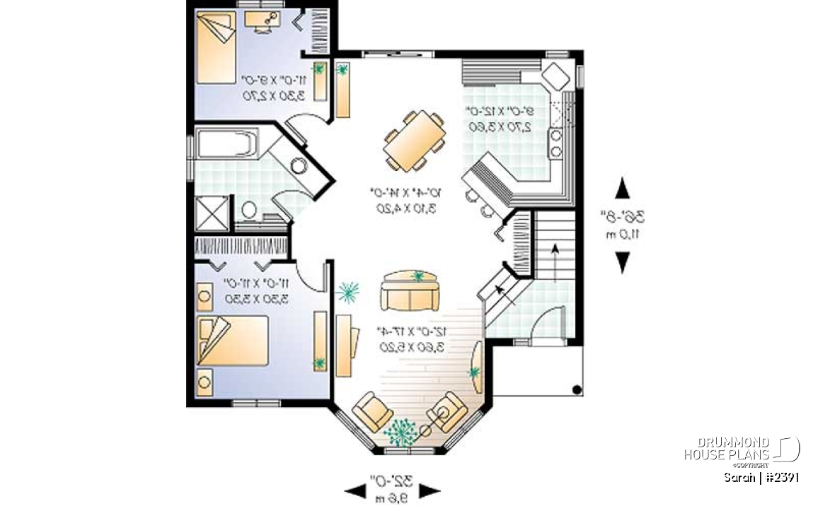 1st level - Split entry one-storey house plan with 2 bedrooms, country style, budget-friendly home - Sarah