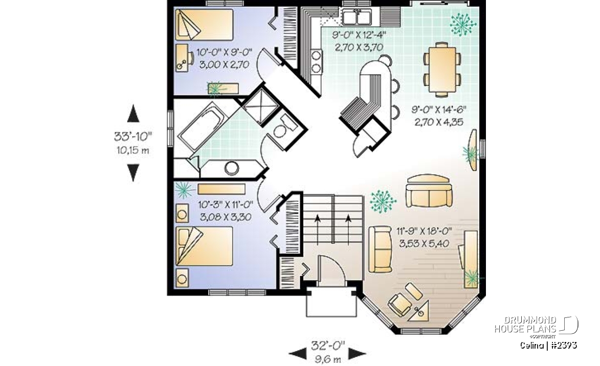 1st level - Affordable 2 bedroom split-entry house plan with kitchen island - Celina