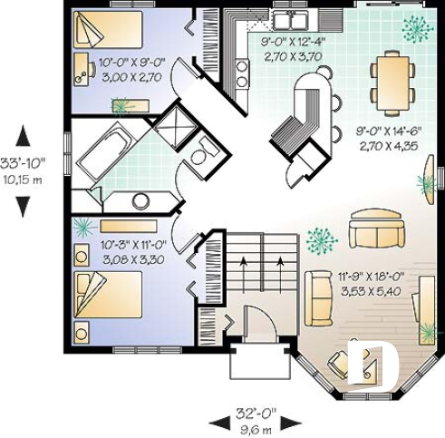 1st level - Affordable 2 bedroom split-entry house plan with kitchen island - Celina