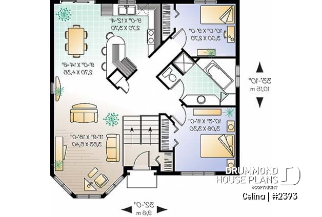 1st level - Affordable 2 bedroom split-entry house plan with kitchen island - Celina