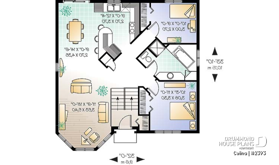 1st level - Affordable 2 bedroom split-entry house plan with kitchen island - Celina