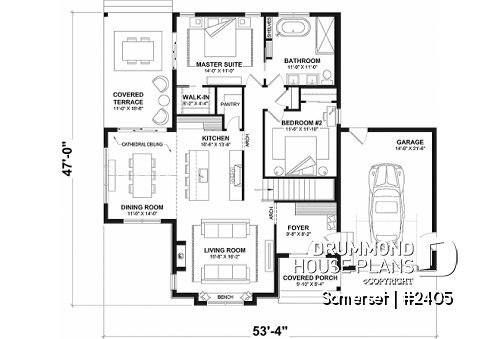 1st level - Spacious ranch style 2 bedroom house plan with breakfast nook in solarium, garage - Somerset