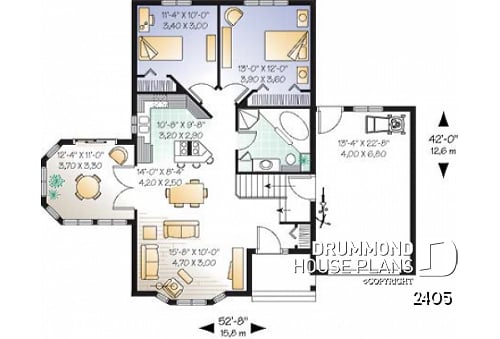1st level - Spacious ranch style 2 bedroom house plan with breakfast nook in solarium, garage - Anathalia