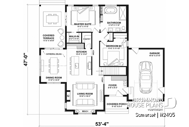 1st level - Spacious ranch style 2 bedroom house plan with breakfast nook in solarium, garage - Somerset