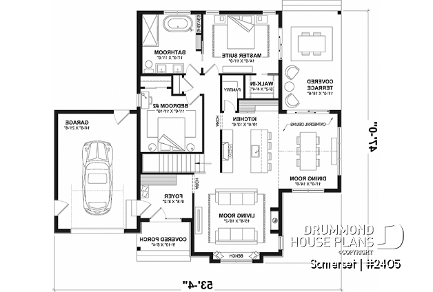 1st level - Compact 2 bedrooms ranch style house plan, one-car garage, fireplace, pantry and great natural light - Somerset