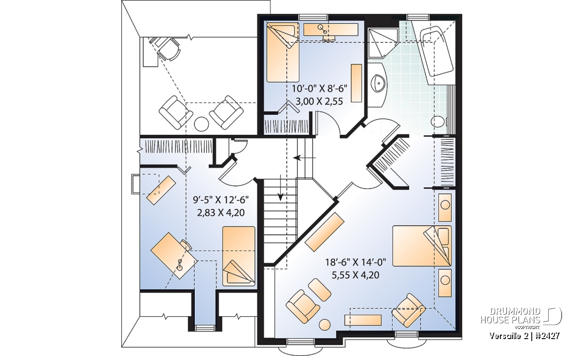 2nd level - 2-storey Victorian house plan, garage, master suite (total 3 beds), game room or den - Versaille 2