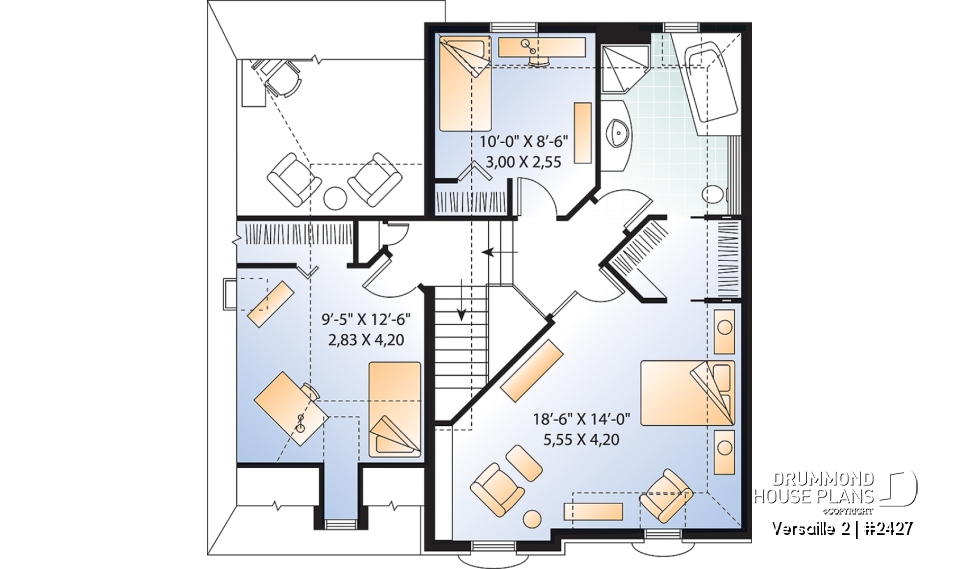 2nd level - 2-storey Victorian house plan, garage, master suite (total 3 beds), game room or den - Versaille 2