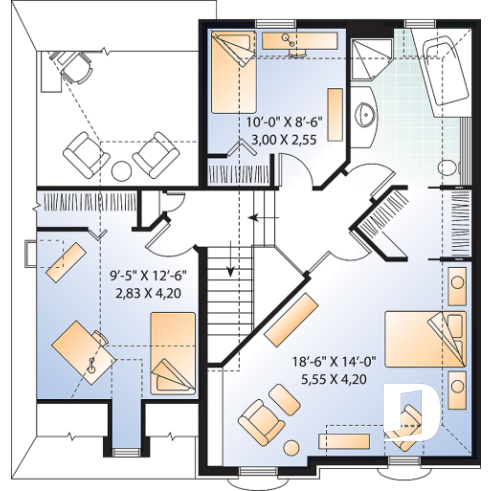 2nd level - 2-storey Victorian house plan, garage, master suite (total 3 beds), game room or den - Versaille 2