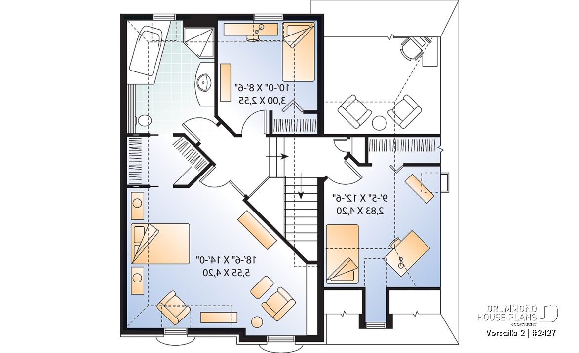2nd level - 2-storey Victorian house plan, garage, master suite (total 3 beds), game room or den - Versaille 2
