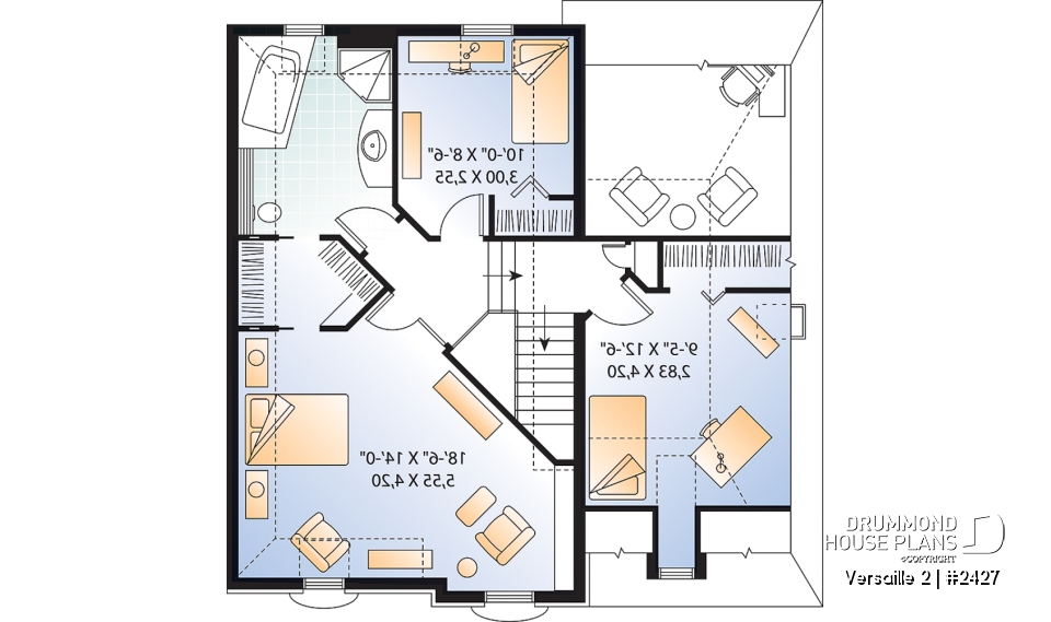 2nd level - 2-storey Victorian house plan, garage, master suite (total 3 beds), game room or den - Versaille 2