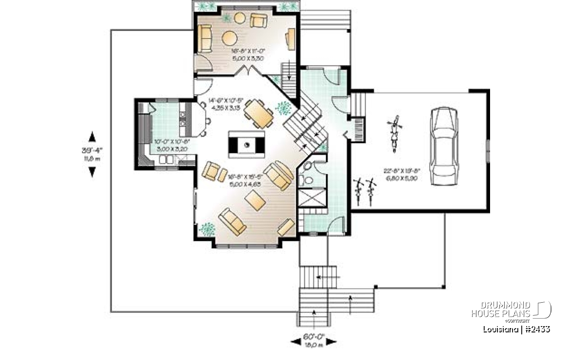 1st level - Cottage house plan, 3 bedrooms with ensuite, open floor layout with double-sided fireplace, large deck - Louisiana