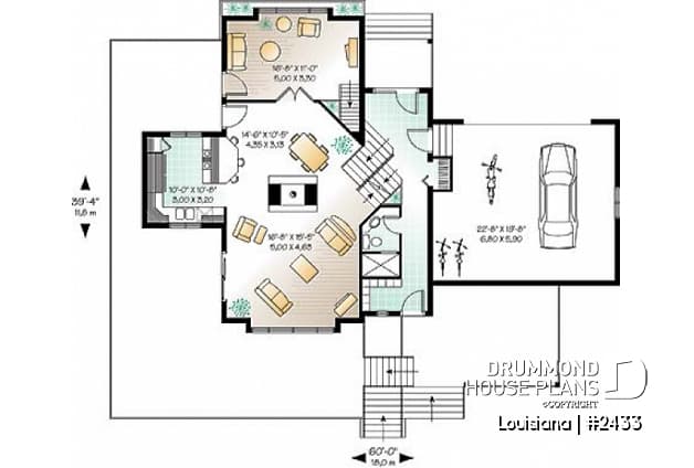 1st level - Cottage house plan, 3 bedrooms with ensuite, open floor layout with double-sided fireplace, large deck - Louisiana