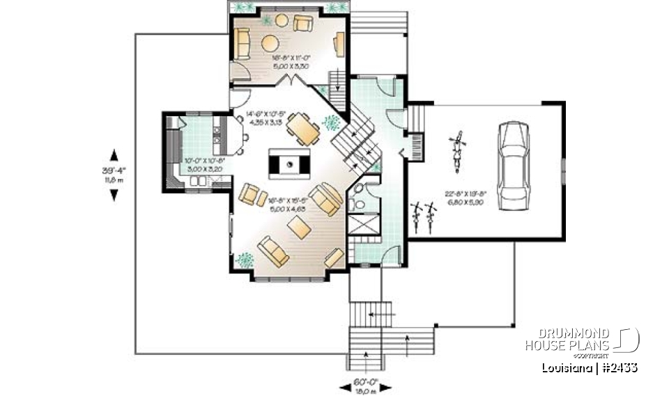 1st level - Cottage house plan, 3 bedrooms with ensuite, open floor layout with double-sided fireplace, large deck - Louisiana