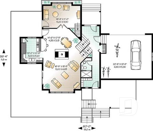 1st level - Cottage house plan, 3 bedrooms with ensuite, open floor layout with double-sided fireplace, large deck - Louisiana
