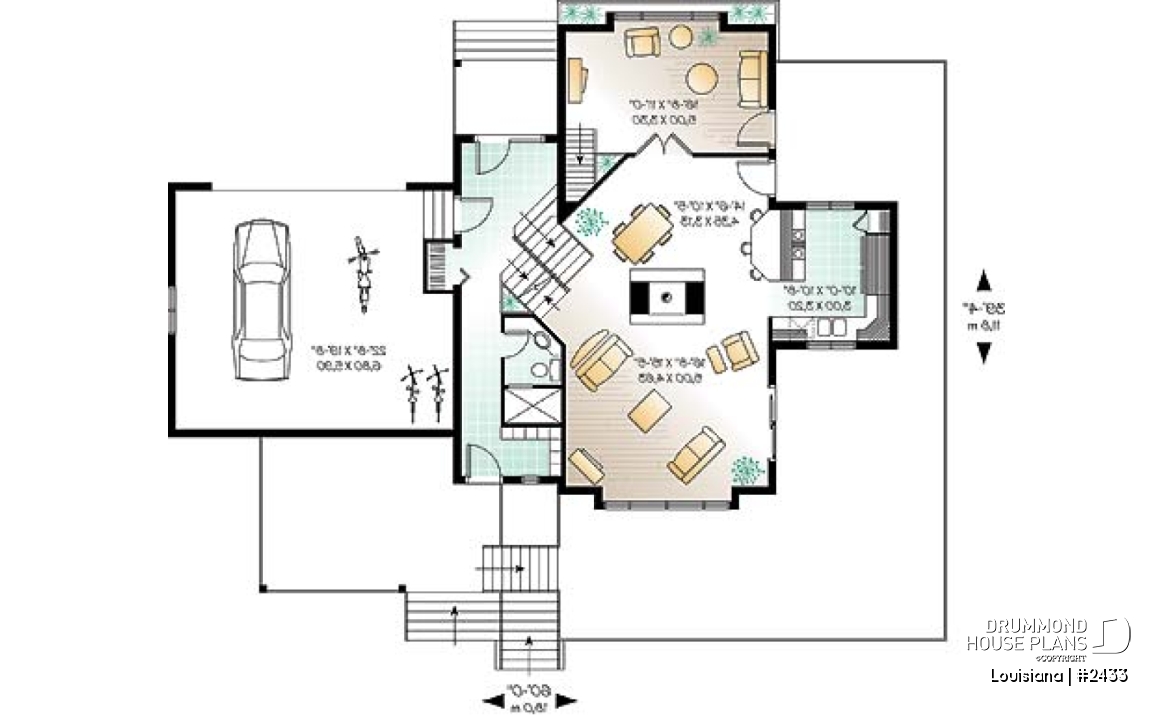 1st level - Cottage house plan, 3 bedrooms with ensuite, open floor layout with double-sided fireplace, large deck - Louisiana