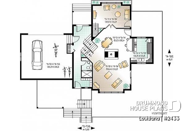 1st level - Cottage house plan, 3 bedrooms with ensuite, open floor layout with double-sided fireplace, large deck - Louisiana