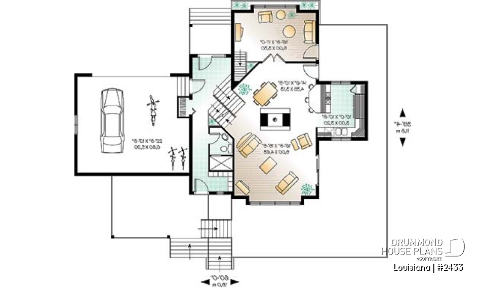 1st level - Cottage house plan, 3 bedrooms with ensuite, open floor layout with double-sided fireplace, large deck - Louisiana