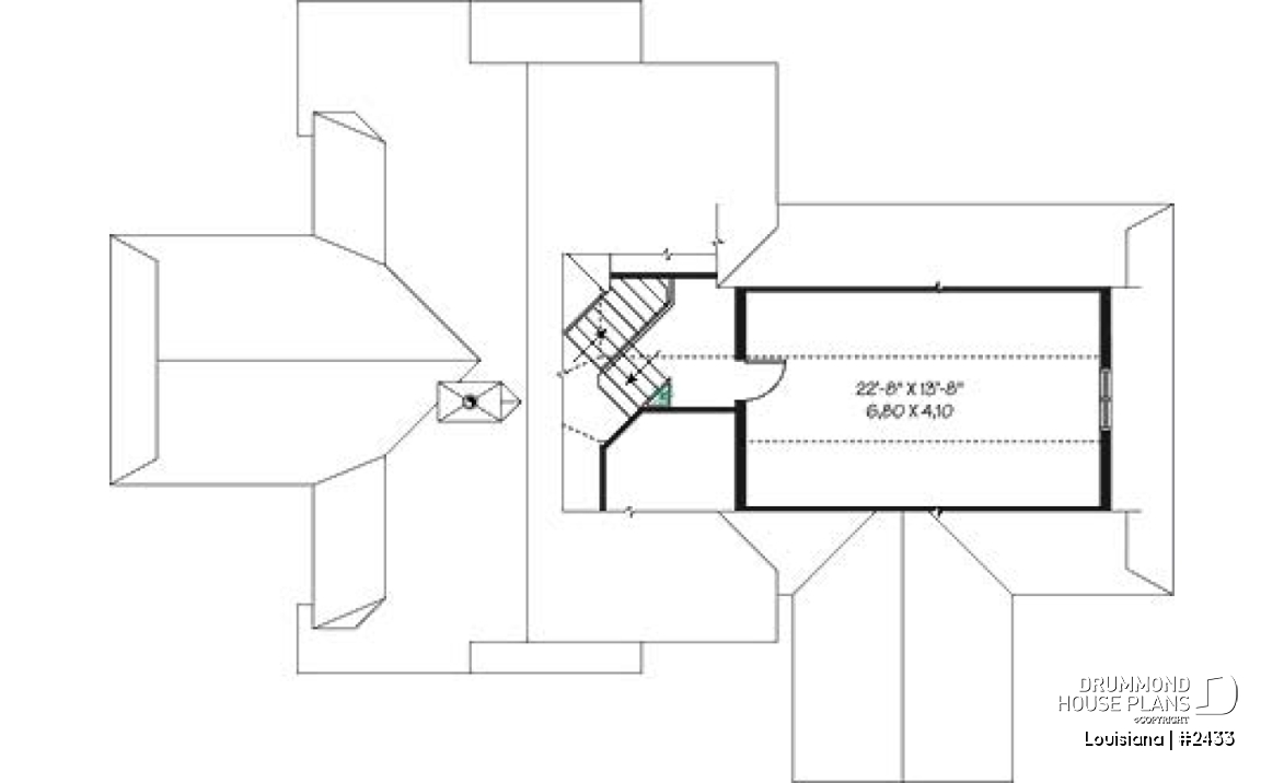 2nd level - Cottage house plan, 3 bedrooms with ensuite, open floor layout with double-sided fireplace, large deck - Louisiana