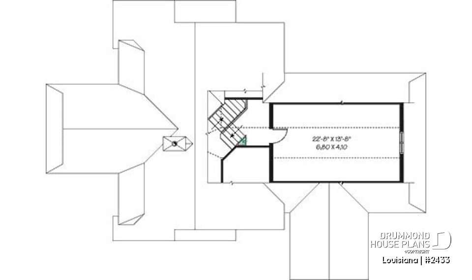 2nd level - Cottage house plan, 3 bedrooms with ensuite, open floor layout with double-sided fireplace, large deck - Louisiana
