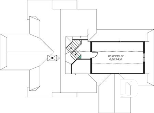 2nd level - Cottage house plan, 3 bedrooms with ensuite, open floor layout with double-sided fireplace, large deck - Louisiana