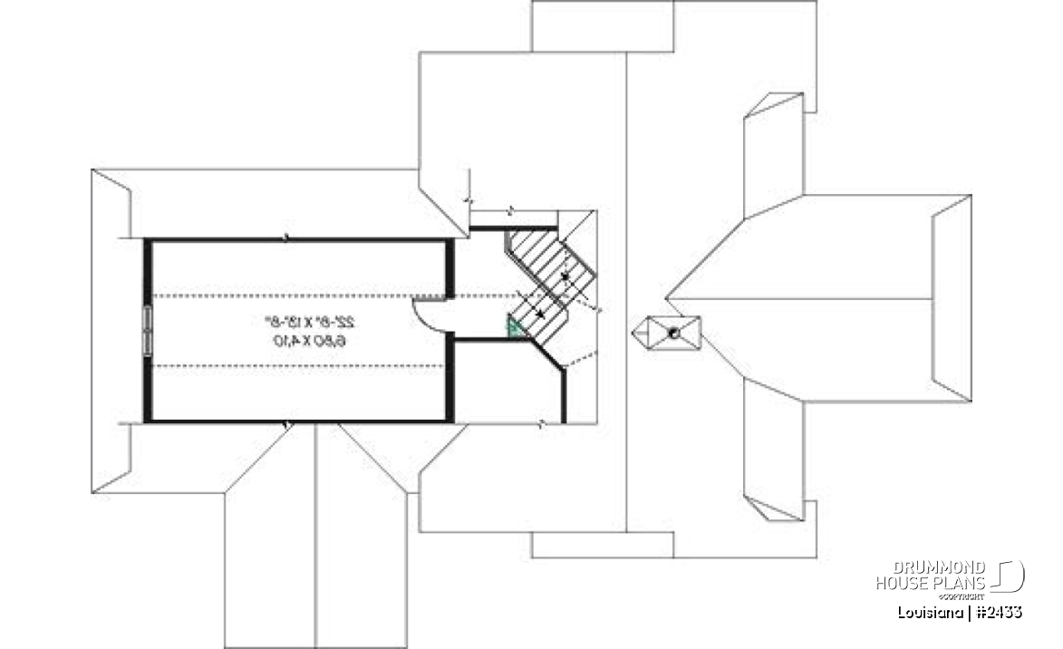 2nd level - Cottage house plan, 3 bedrooms with ensuite, open floor layout with double-sided fireplace, large deck - Louisiana