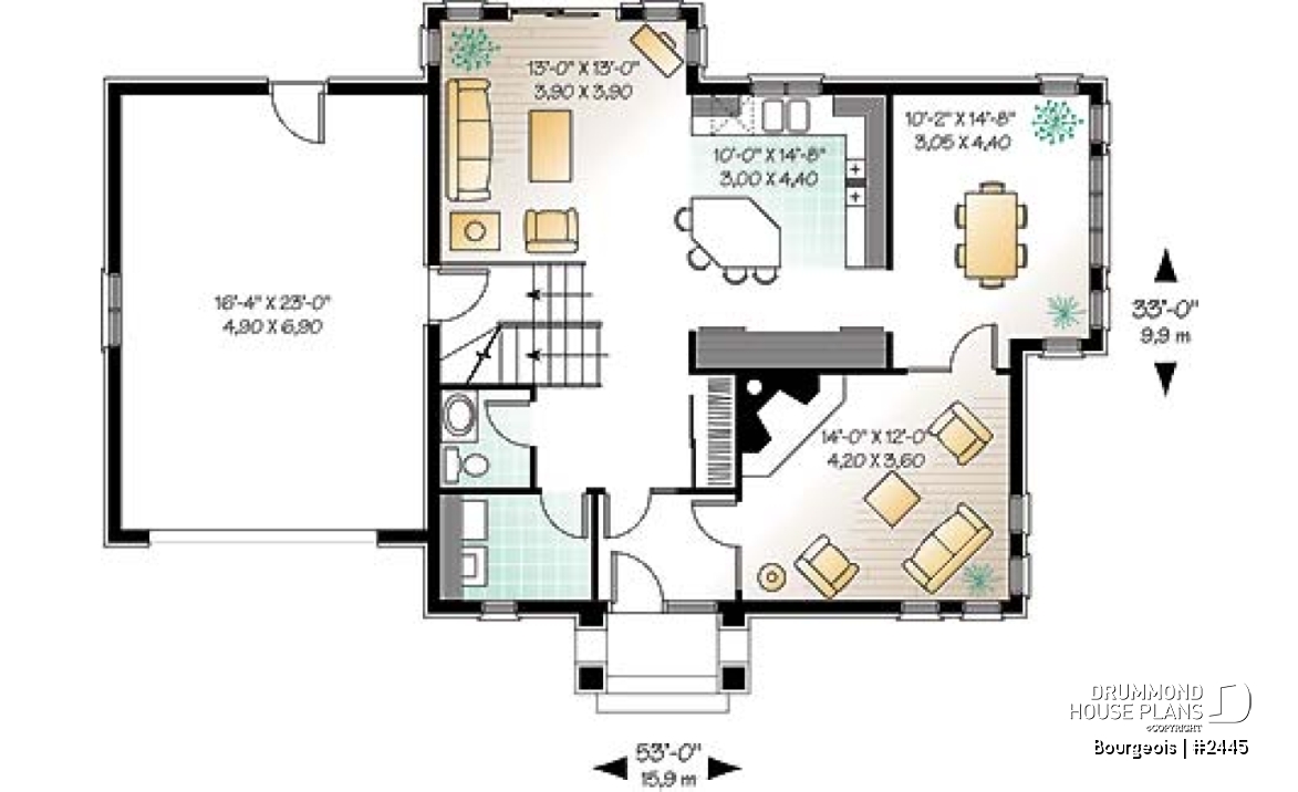 1st level - 3 bedrooms european house plan with garage, and second floor balcony - Bourgeois