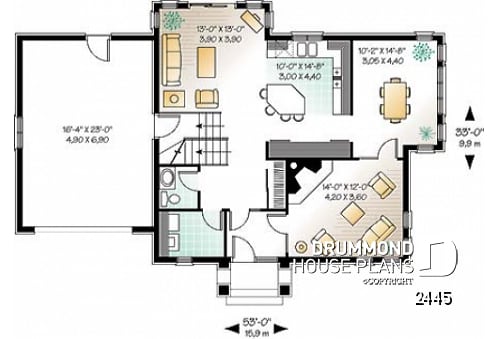 1st level - 3 bedrooms european house plan with garage, and second floor balcony - Bourgeois