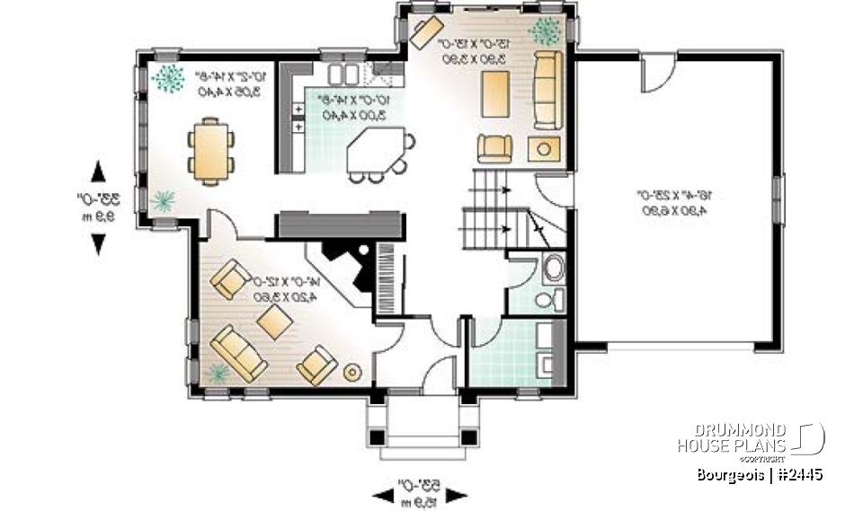 1st level - 3 bedrooms european house plan with garage, and second floor balcony - Bourgeois