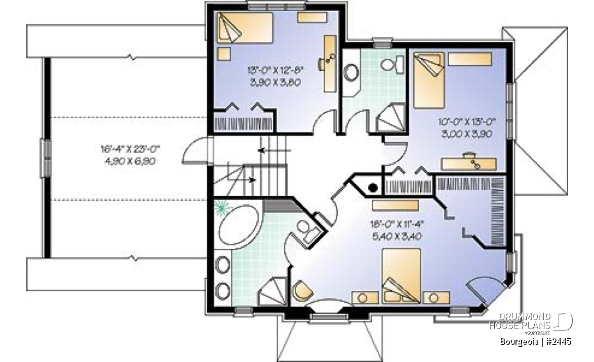 2nd level - 3 bedrooms european house plan with garage, and second floor balcony - Bourgeois