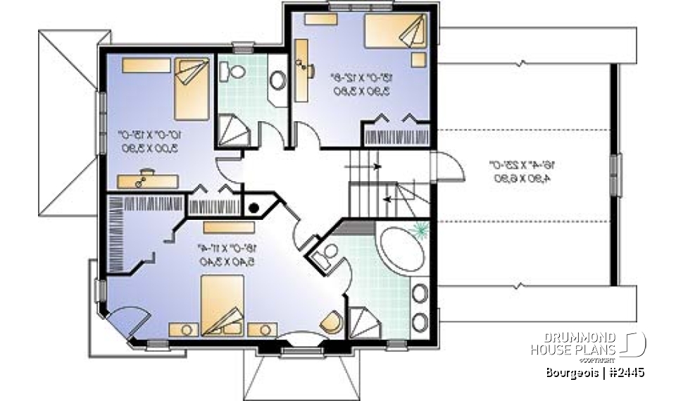 2nd level - 3 bedrooms european house plan with garage, and second floor balcony - Bourgeois