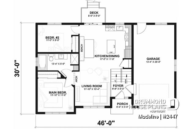 1st level - Split-entry house plan, economical, garage with storage, 2 to 4 bedrooms, optional finished basement ($) - Madeline
