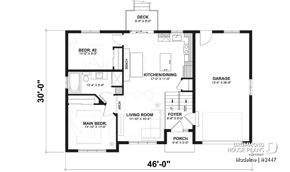 1st level - Split-entry house plan, economical, garage with storage, 2 to 4 bedrooms, optional finished basement ($) - Madeline