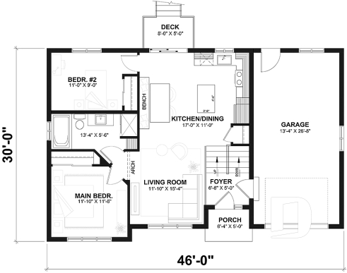 1st level - Split-entry house plan, economical, garage with storage, 2 to 4 bedrooms, optional finished basement ($) - Madeline