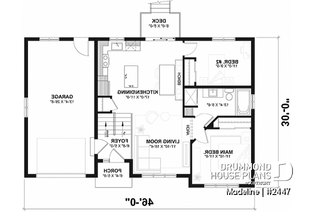 1st level - Split-entry house plan, economical, garage with storage, 2 to 4 bedrooms, optional finished basement ($) - Madeline