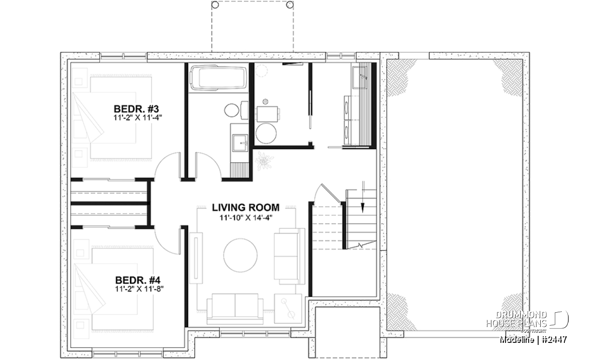 Finished basement (Optional $) - Split-entry house plan, economical, garage with storage, 2 to 4 bedrooms, optional finished basement ($) - Madeline
