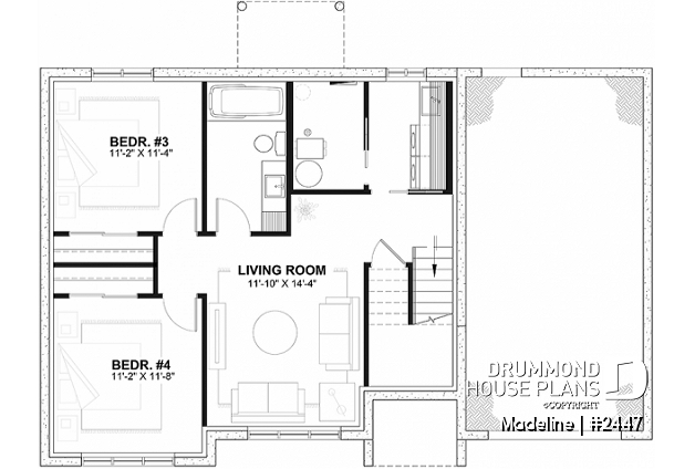 Finished basement (Optional $) - Split-entry house plan, economical, garage with storage, 2 to 4 bedrooms, optional finished basement ($) - Madeline