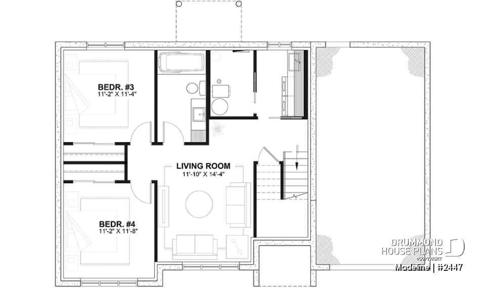 Finished basement (Optional $) - Split-entry house plan, economical, garage with storage, 2 to 4 bedrooms, optional finished basement ($) - Madeline