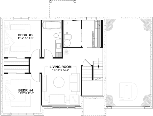 Finished basement (Optional $) - Split-entry house plan, economical, garage with storage, 2 to 4 bedrooms, optional finished basement ($) - Madeline