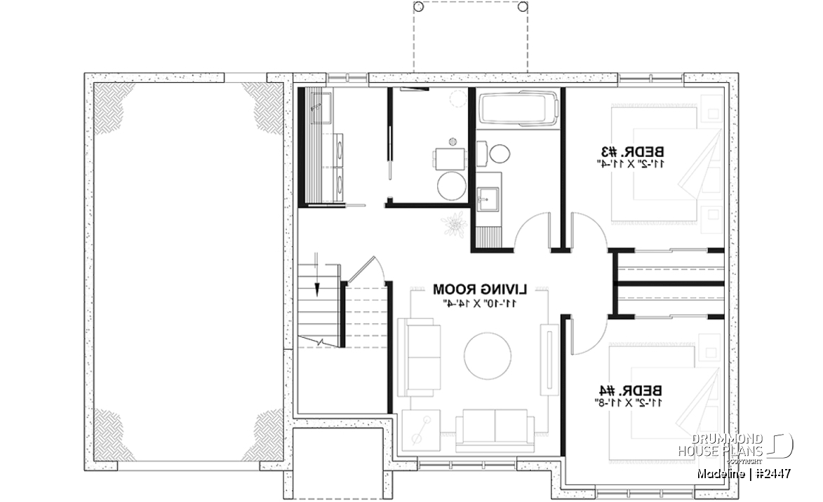 Finished basement (Optional $) - Split-entry house plan, economical, garage with storage, 2 to 4 bedrooms, optional finished basement ($) - Madeline