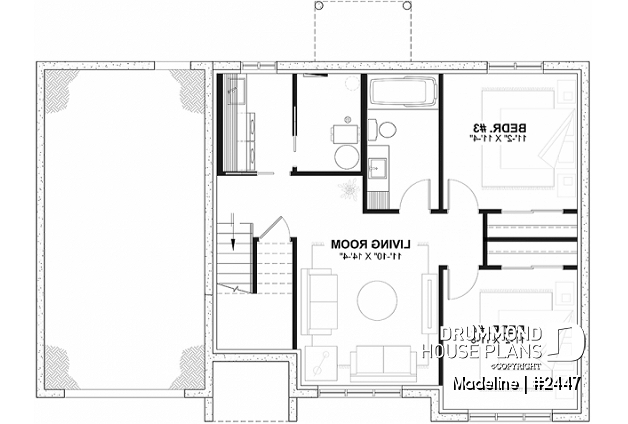 Finished basement (Optional $) - Split-entry house plan, economical, garage with storage, 2 to 4 bedrooms, optional finished basement ($) - Madeline