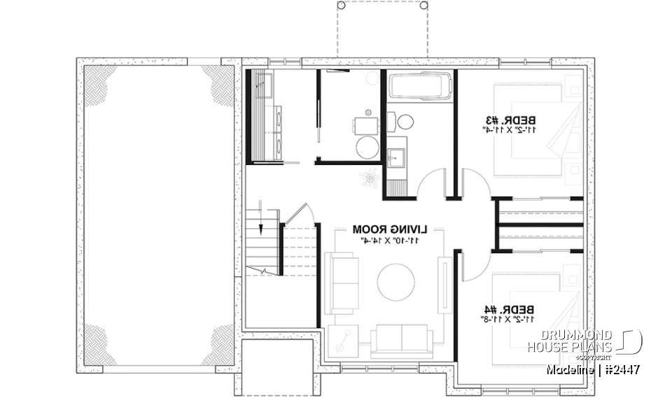 Finished basement (Optional $) - Split-entry house plan, economical, garage with storage, 2 to 4 bedrooms, optional finished basement ($) - Madeline