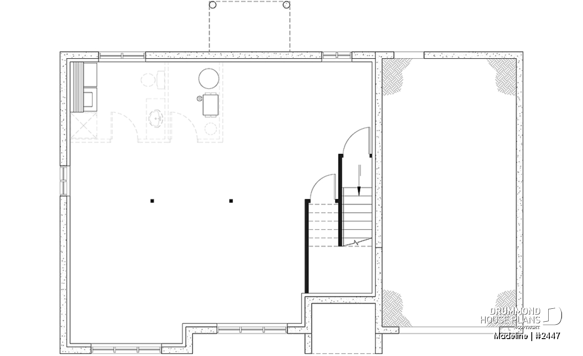 Unfinished basement - Split-entry house plan, economical, garage with storage, 2 to 4 bedrooms, optional finished basement ($) - Madeline
