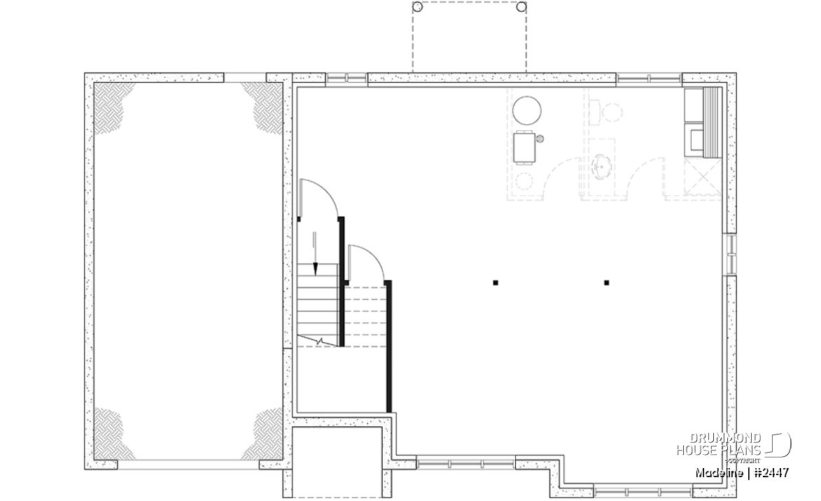 Unfinished basement - Split-entry house plan, economical, garage with storage, 2 to 4 bedrooms, optional finished basement ($) - Madeline