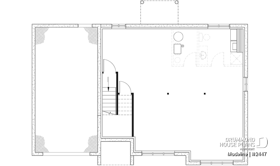 Unfinished basement - Split-entry house plan, economical, garage with storage, 2 to 4 bedrooms, optional finished basement ($) - Madeline